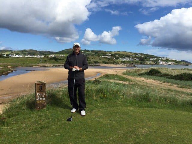 Jeff Wallach on the third tee at a links course in Donegal, Ireland