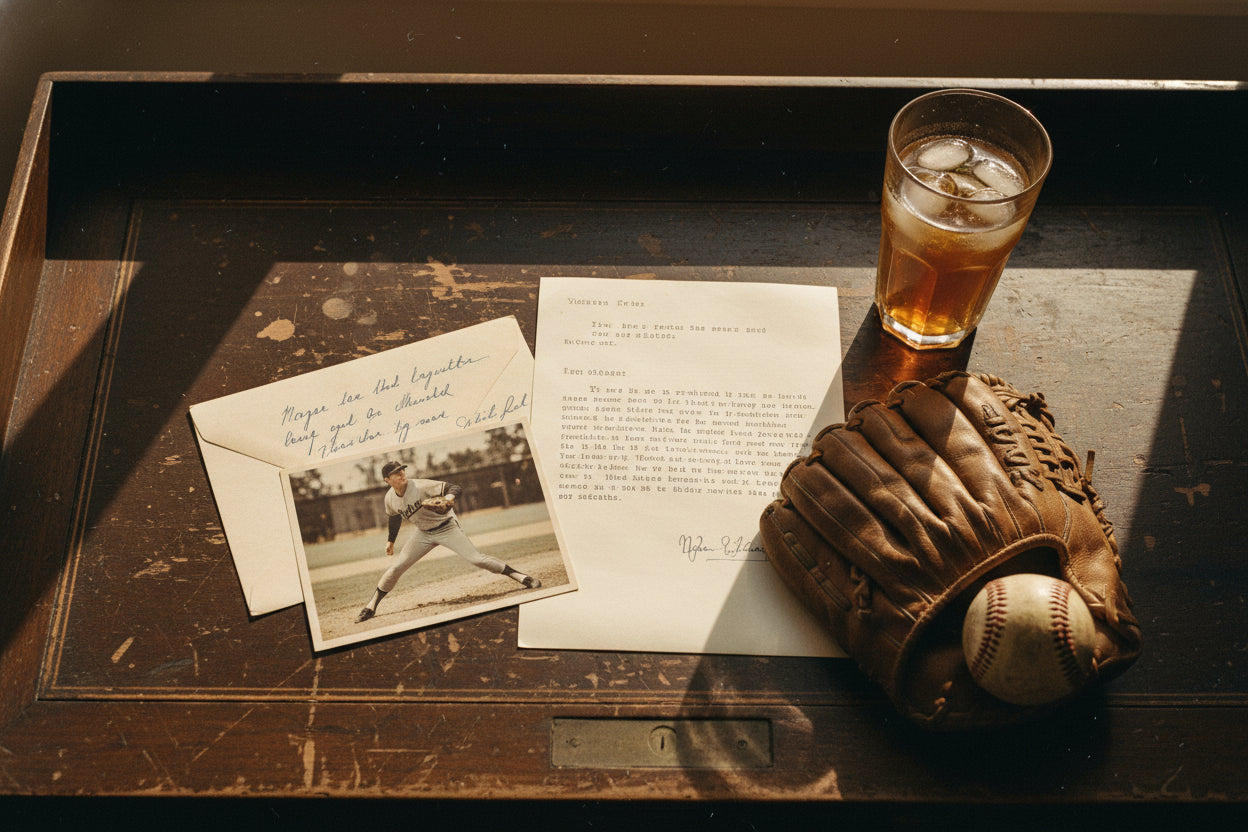 Vintage baseball memorabilia and a hand-typed letter on a writing desk